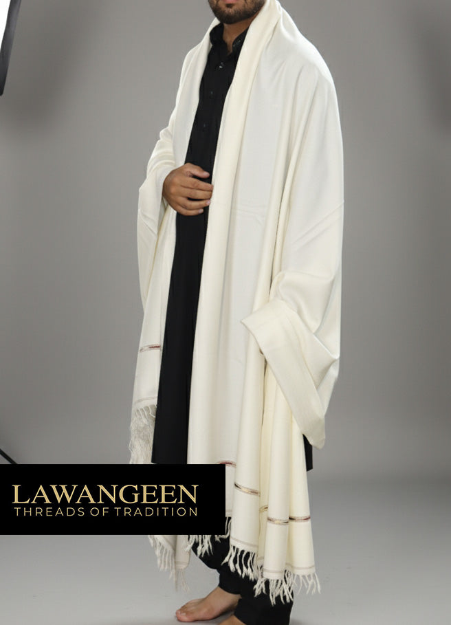 swati 100% pure wool shawl for men | White