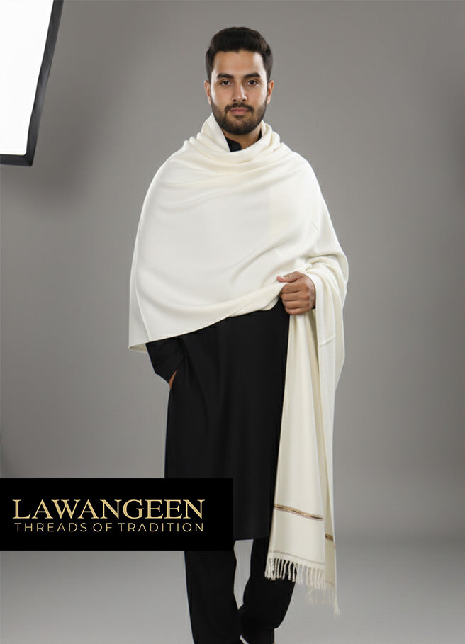 swati 100% pure wool shawl for men | White